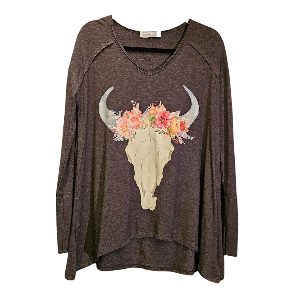 Buddy Basics Gray Graphic Tunic Long Sleeve Tee w/ Floral Skull Design - Small